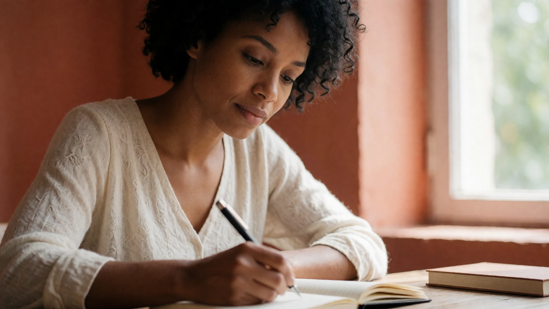 A beautiful dark-skinned girl is sitting at a table and writing in a notebook