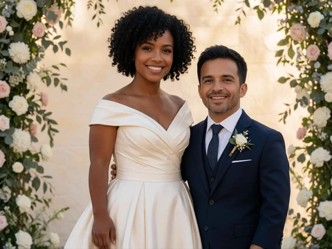 Mia in a custom-tailored ivory wedding dress beside Tyler in a navy suit at their accessible wedding venue
